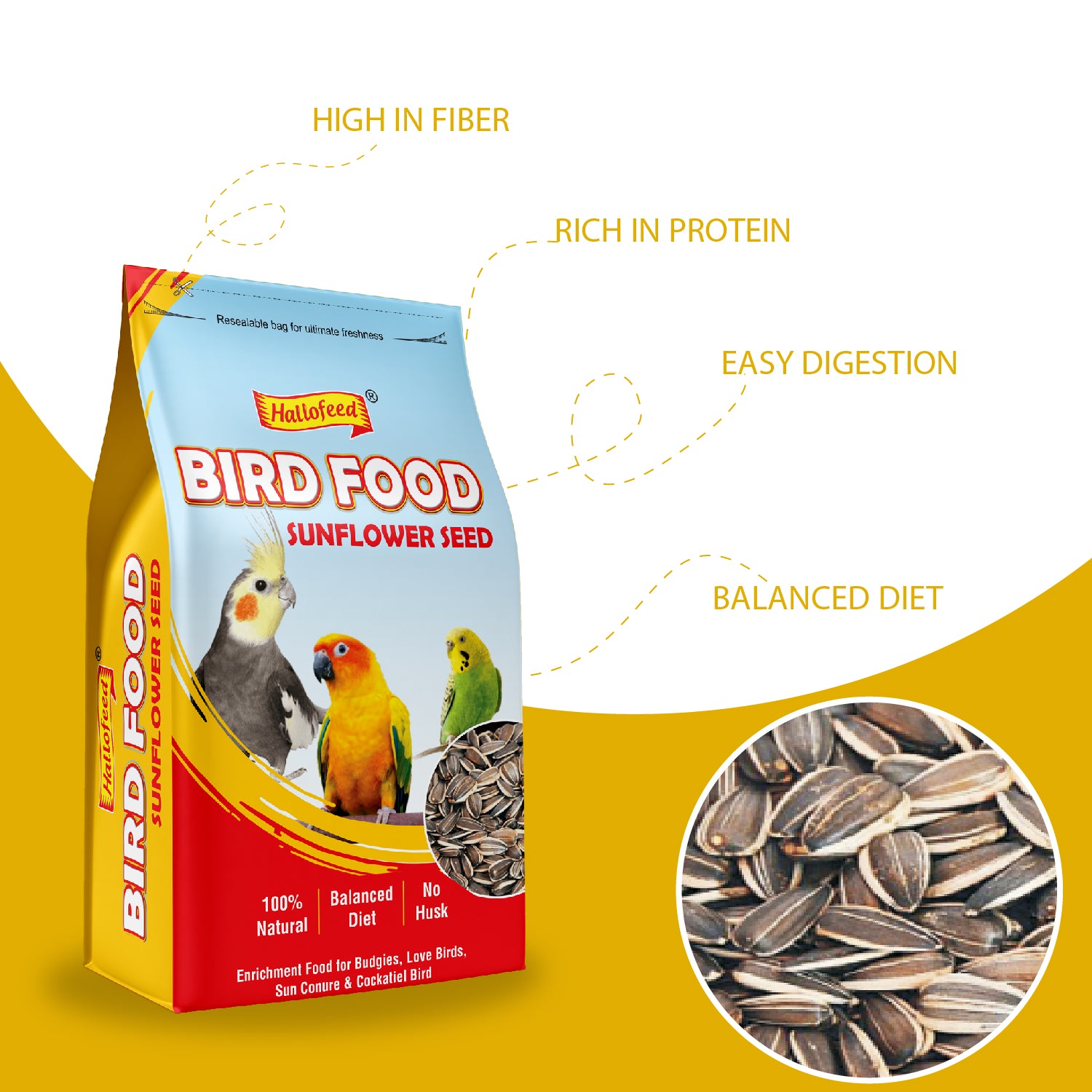 Hallofeed Bird Food for Parrots, 500 Grams, Sunflower Seeds, Samll Parrots, Conures, Lovebirds, Cockatiels, African Grey, Macaws, Cockatoo