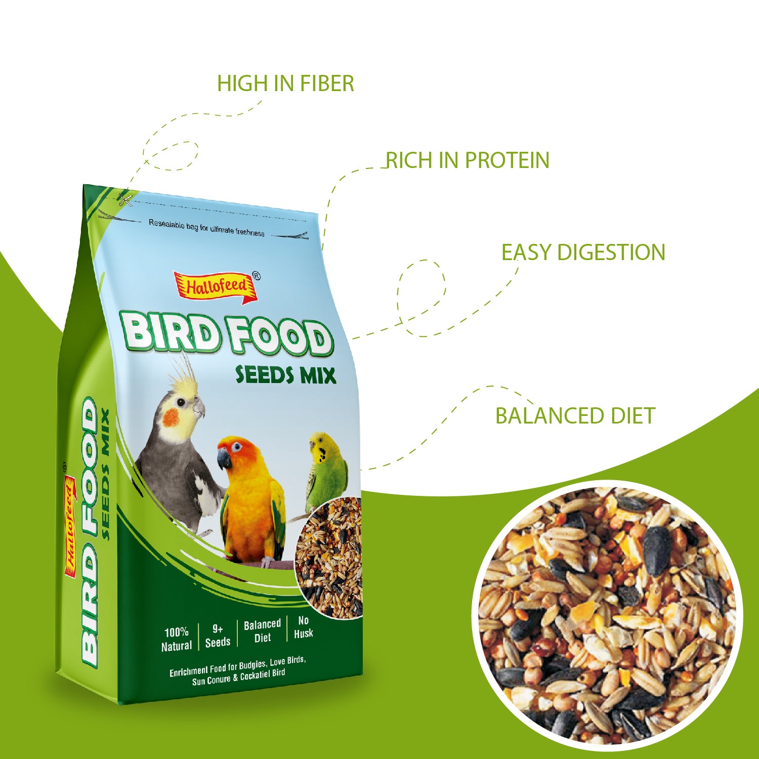 Hallofeed Bird Food (Mix Seeds) | for Budgies, Love Birds, Cockatiel etc. |Seed Blend of 9+ Grains | Net Weight 0.5 Kg