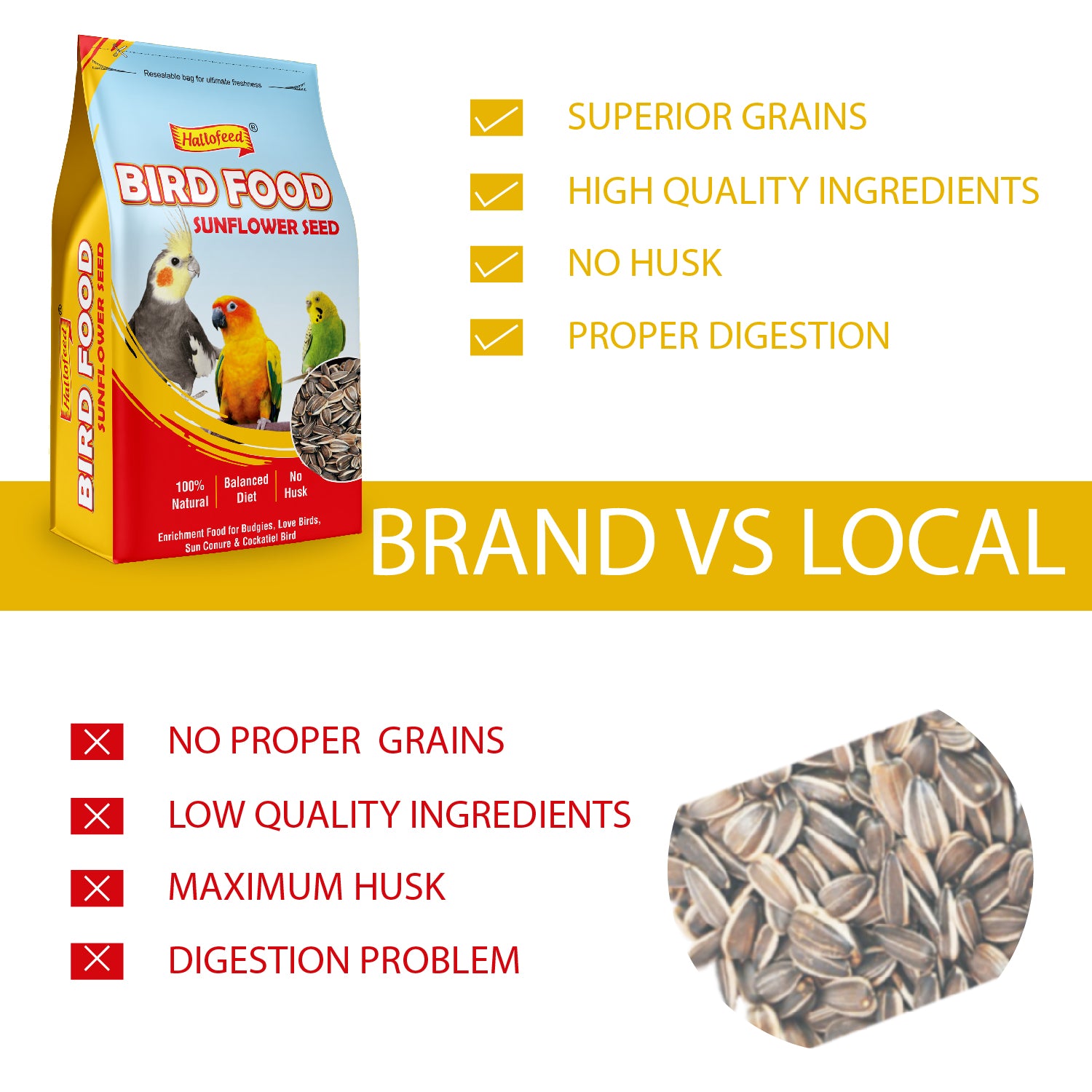 Hallofeed Bird Food for Parrots, 500 Grams, Sunflower Seeds, Samll Parrots, Conures, Lovebirds, Cockatiels, African Grey, Macaws, Cockatoo