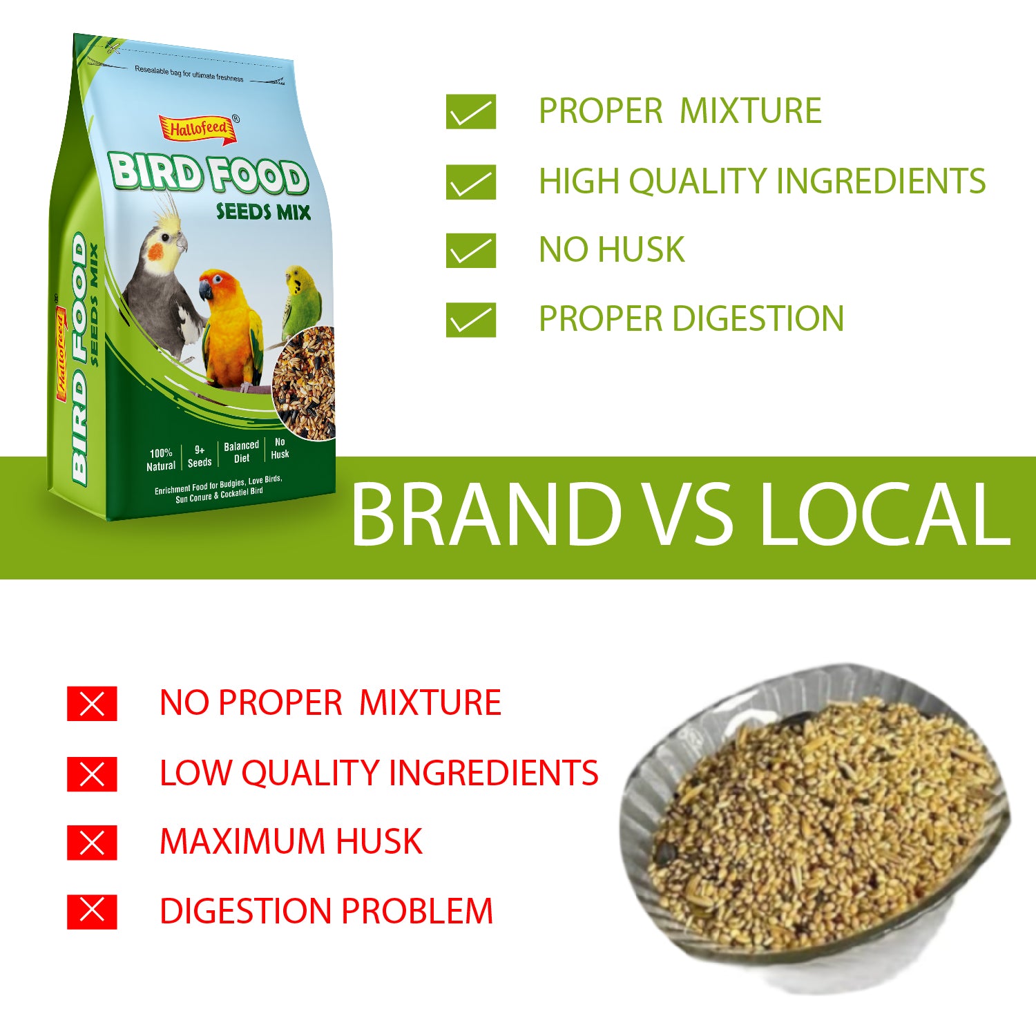 Hallofeed Bird Food (Mix Seeds) | for Budgies, Love Birds, Cockatiel etc. |Seed Blend of 9+ Grains | Net Weight 0.5 Kg