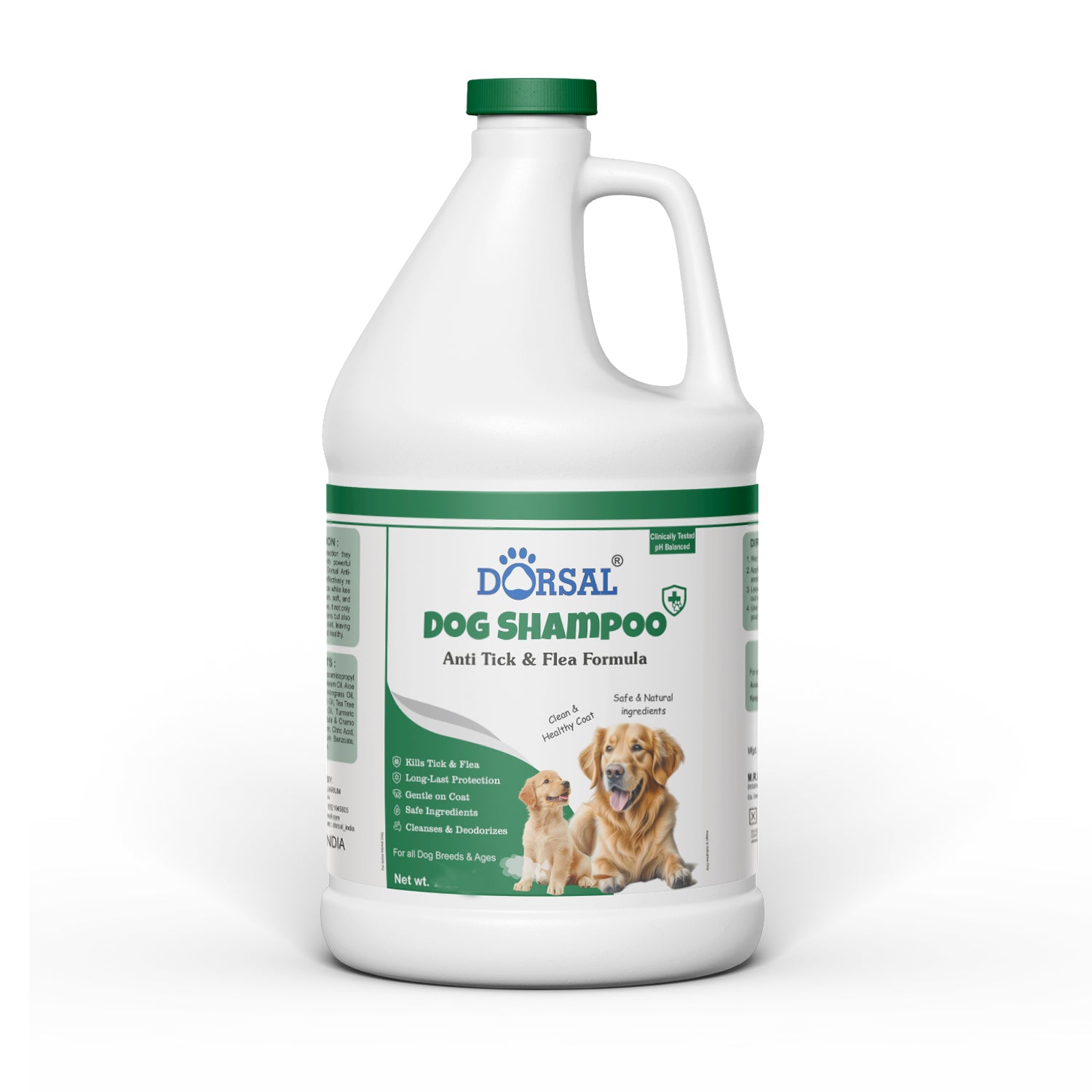 Dorsal Dog Shampoo, 1000ml, Anti Ticks and Fleas, Aloe and Neem Oil, pH Balanced, All Breeds