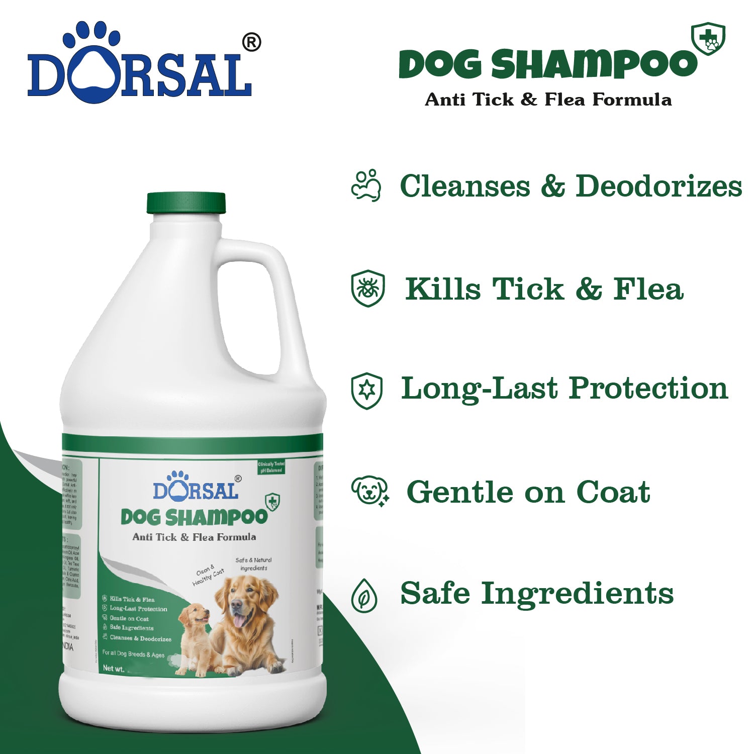 Dorsal Dog Shampoo, 1000ml, Anti Ticks and Fleas, Aloe and Neem Oil, pH Balanced, All Breeds