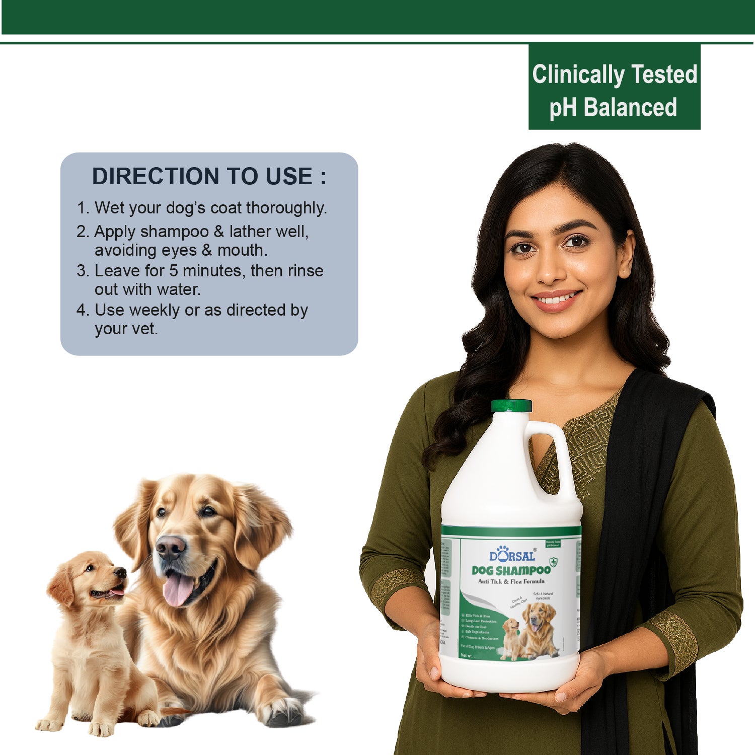 Dorsal Dog Shampoo, 1000ml, Anti Ticks and Fleas, Aloe and Neem Oil, pH Balanced, All Breeds