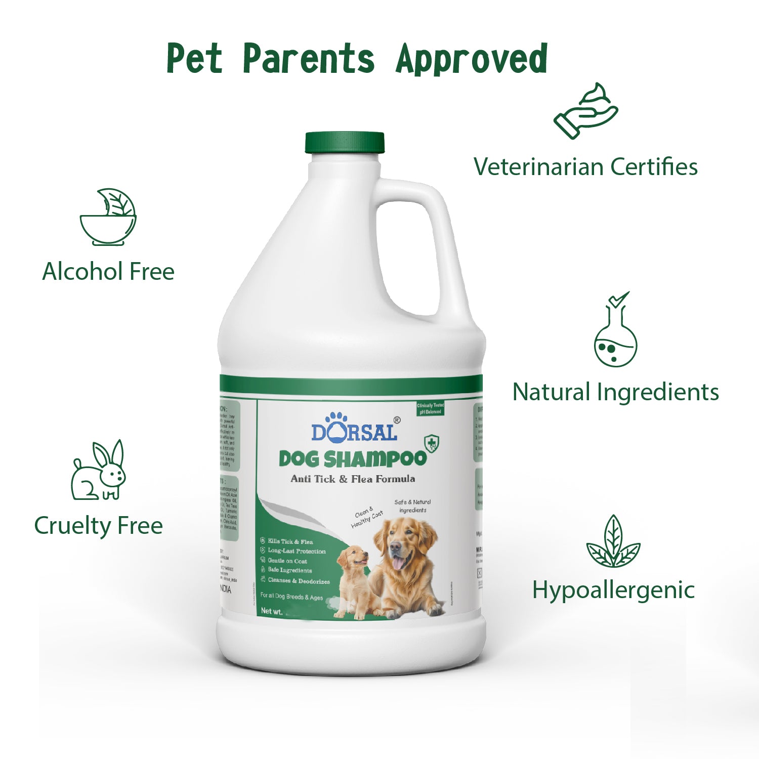 Dorsal Dog Shampoo, 1000ml, Anti Ticks and Fleas, Aloe and Neem Oil, pH Balanced, All Breeds