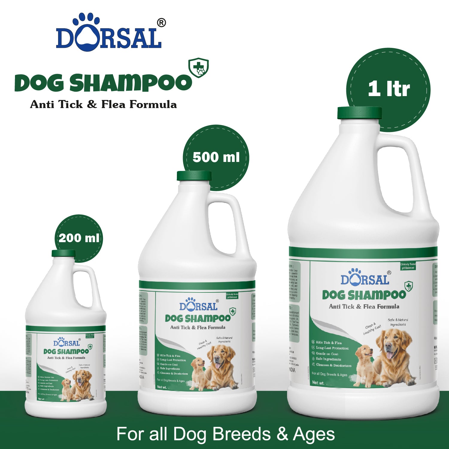 Dorsal Dog Shampoo, 1000ml, Anti Ticks and Fleas, Aloe and Neem Oil, pH Balanced, All Breeds