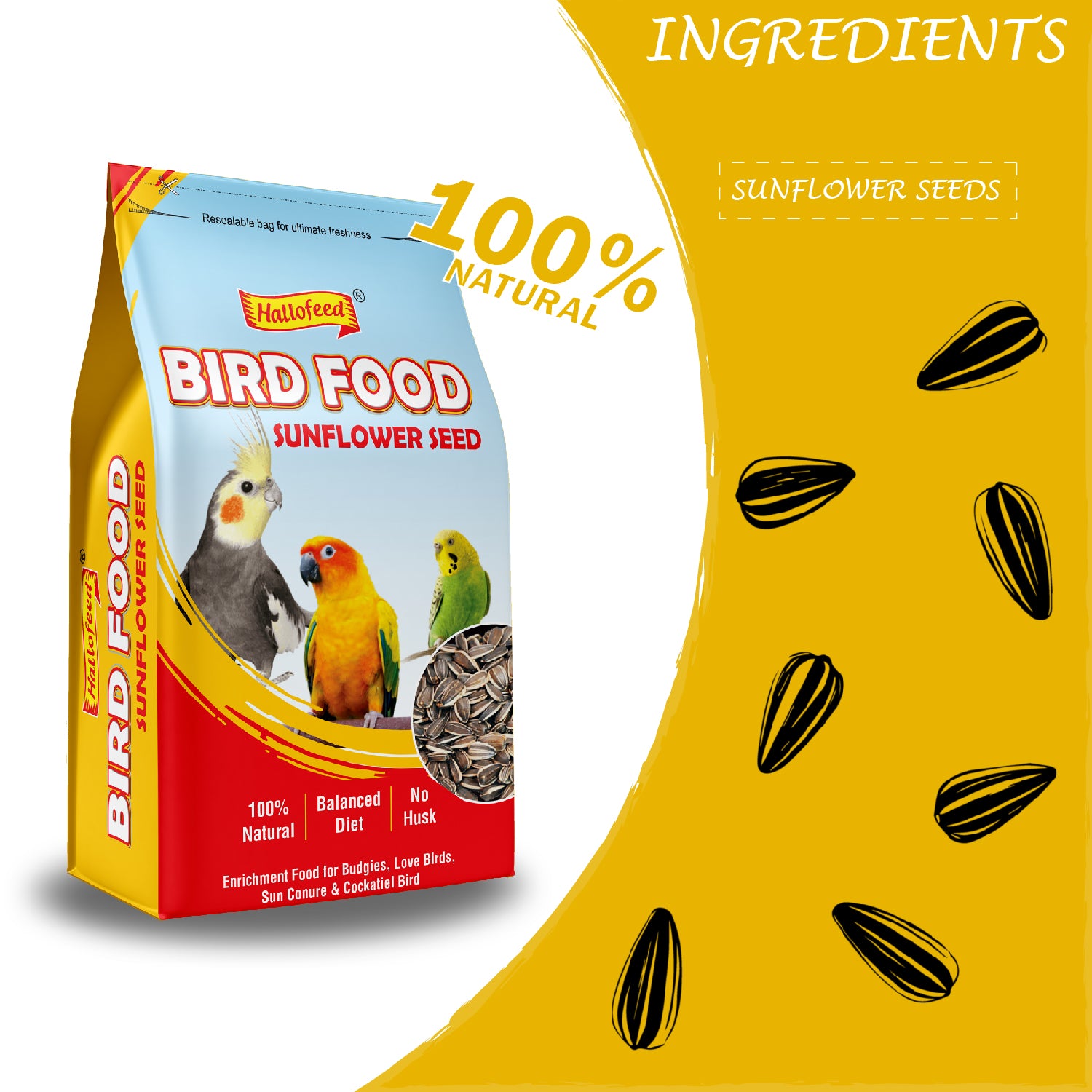 Hallofeed Bird Food for Parrots, 500 Grams, Sunflower Seeds, Samll Parrots, Conures, Lovebirds, Cockatiels, African Grey, Macaws, Cockatoo