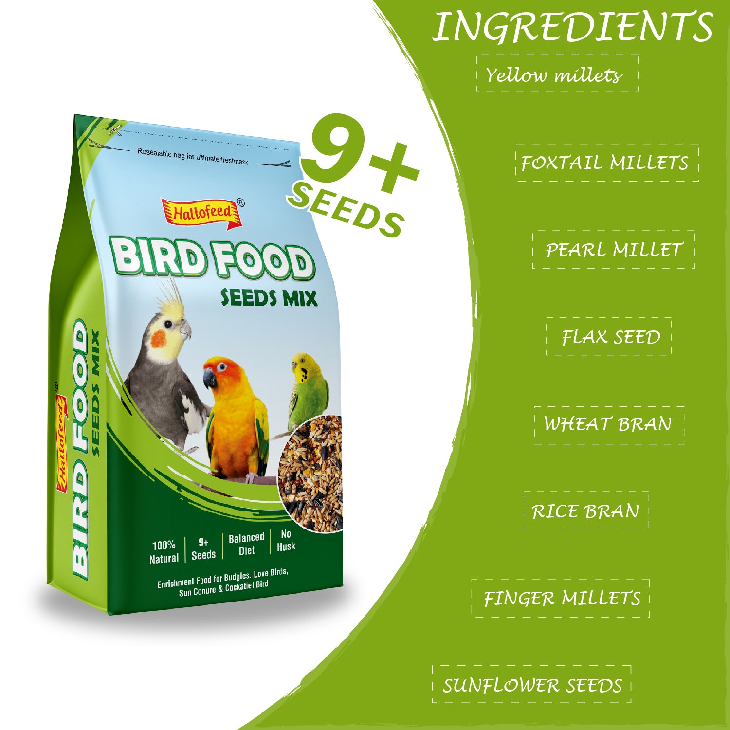Hallofeed Bird Food (Mix Seeds) | for Budgies, Love Birds, Cockatiel etc. |Seed Blend of 9+ Grains | Net Weight 0.5 Kg