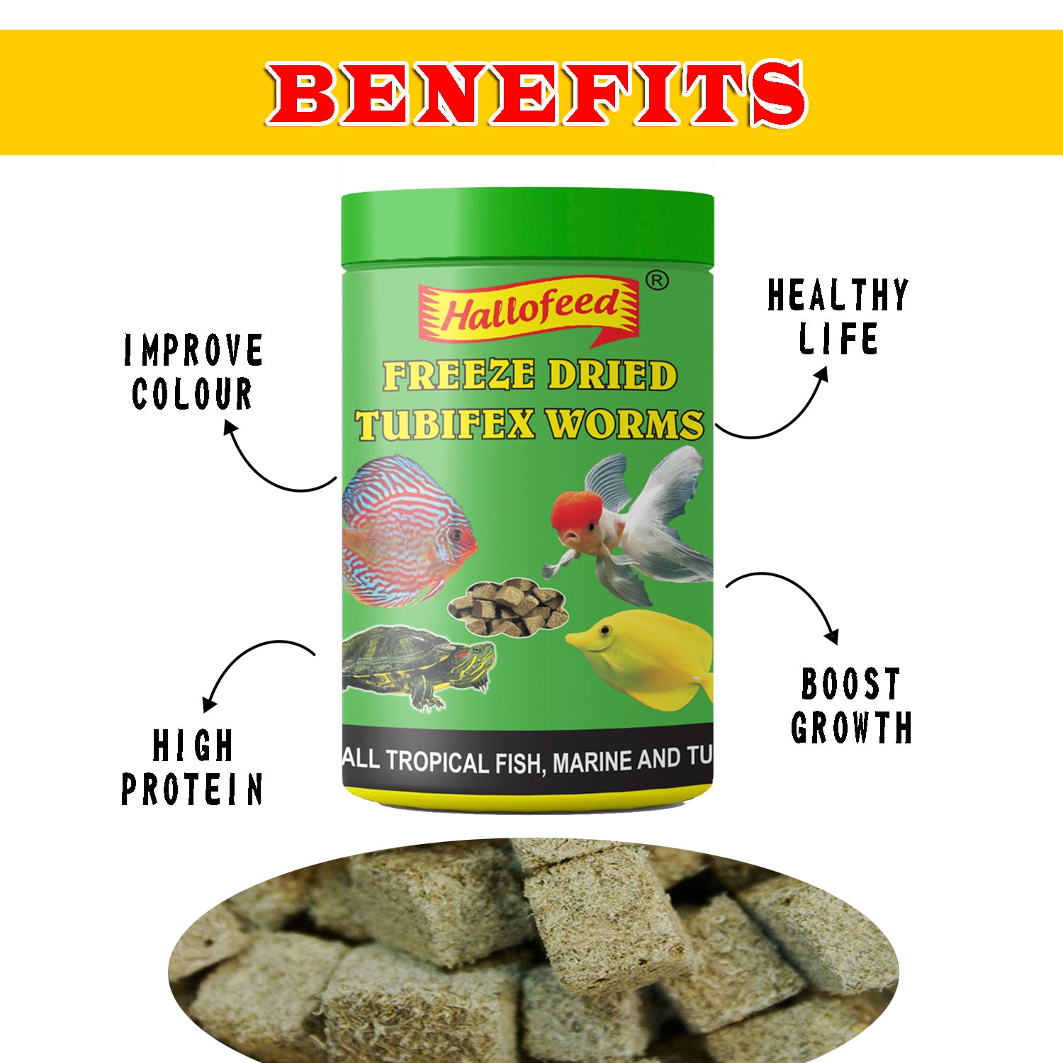 Hallofeed Freeze Dried Tubifex Worms Fish Food, 100g for All Types of Tropical & Marine Fish & Turtle Diet