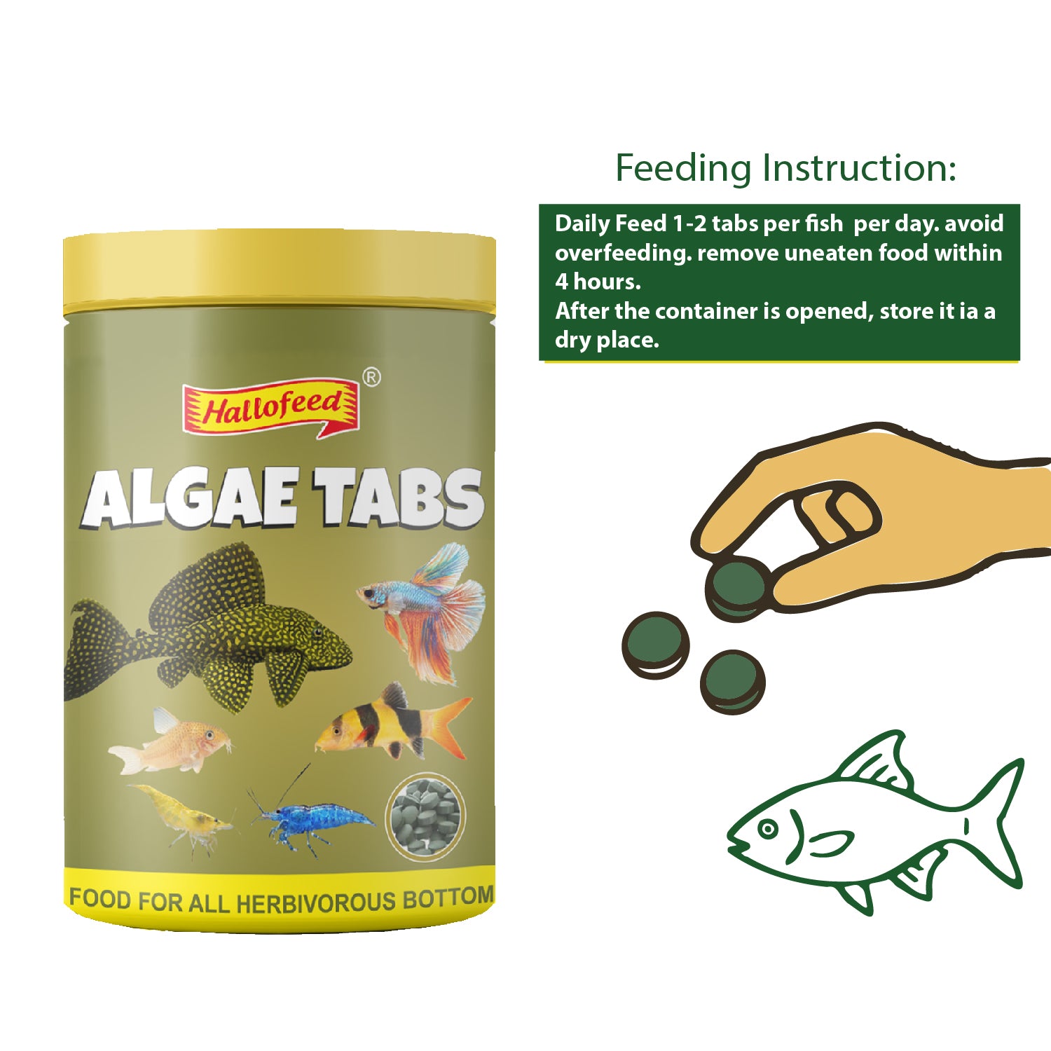 Hallofeed Algae Tablets for Bottom Feeders, 80g, Fish Food for Plecostomus, Cory Catfish, Loaches, Crayfish, Shrimps