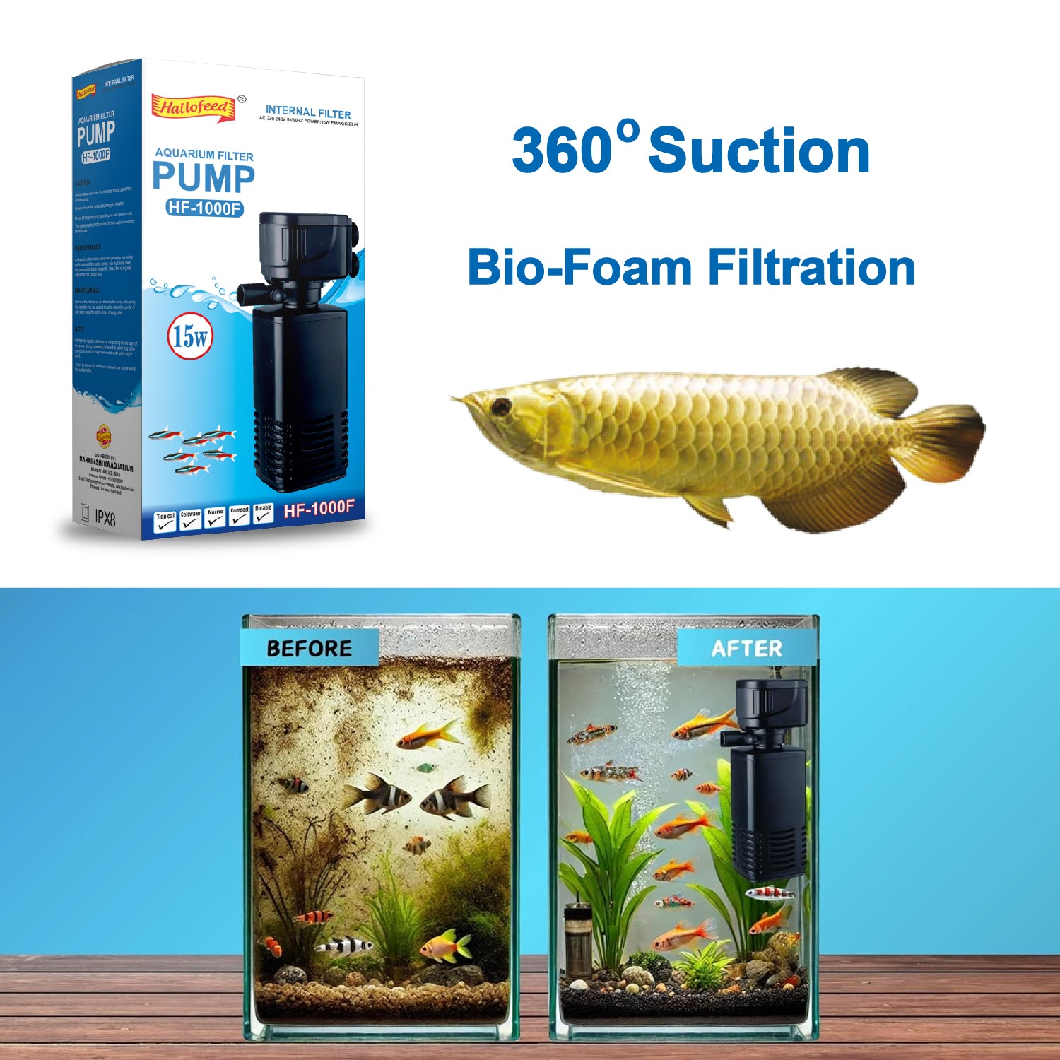 Hallofeed 4 in 1 Aquarium Filter, High Power Oxygen Filtration System, Submersible Fish Tank Filter